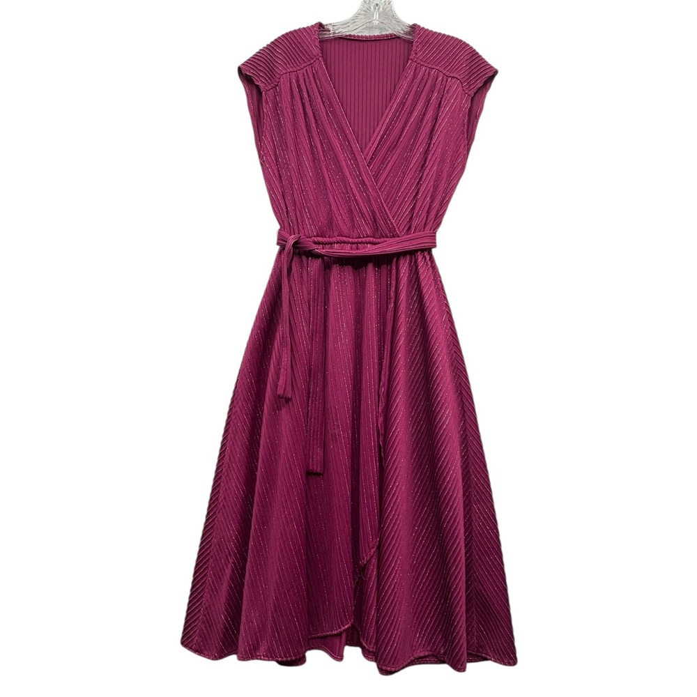 Vintage Women's Plunging‎ V Neck Wrap Midi Dress Metallic Belted Pleated Pink S
